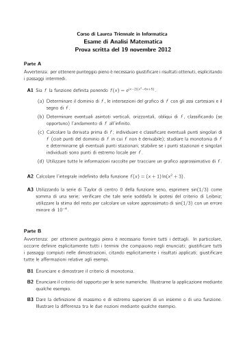 Esame di Analisi Matematica Prova scritta del 19 novembre 2012