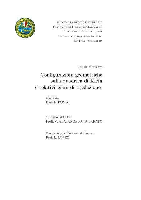 Configurazioni geometriche sulla quadrica di Klein e relativi piani di ...