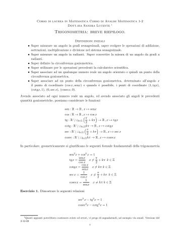 Breve riepilogo di trigonometria - Dipartimento di Matematica