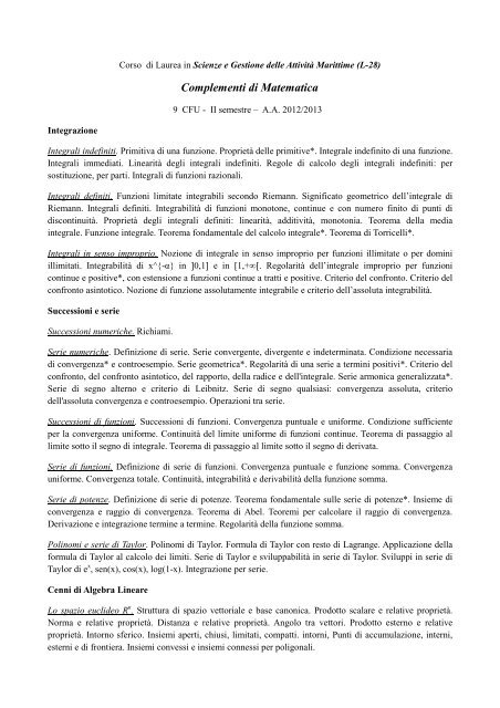 Complementi di Matematica - Dipartimento di Matematica