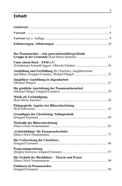 Inhaltsverzeichnis Praxis Posaunenchor 2. Auflage