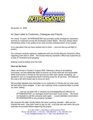 An Open Letter to Customers, Colleagues and Friends - AfterDisaster