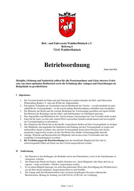 Betriebsordnung - Reit-und Fahrverein Walddorfhäslach eV