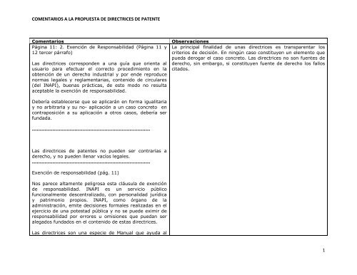 comentarios a la propuesta de directrices de patente 1 - Inapi