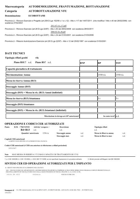 Scheda riepilogativa UnitÃ  Locale - SIRA - Arpat