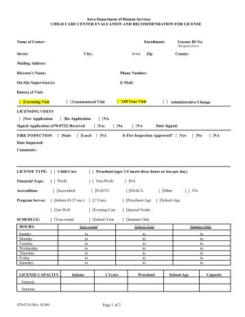 Child Care Center Evaluation and Recommendation for License Form
