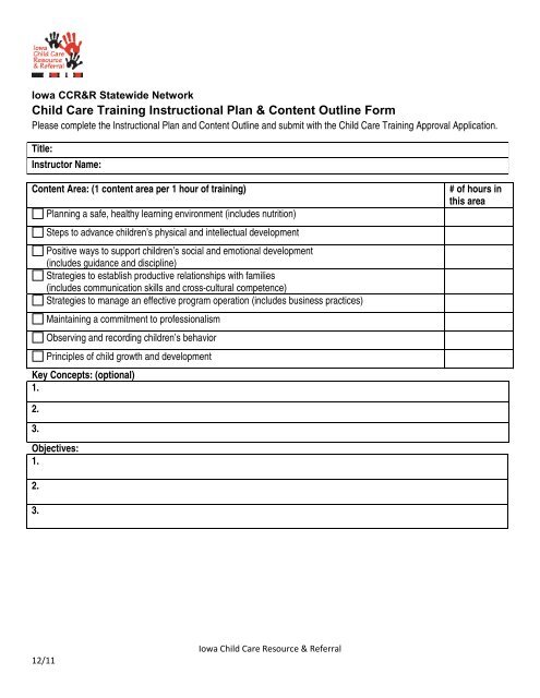 Child Care Training Instructional Plan & Content Outline Form