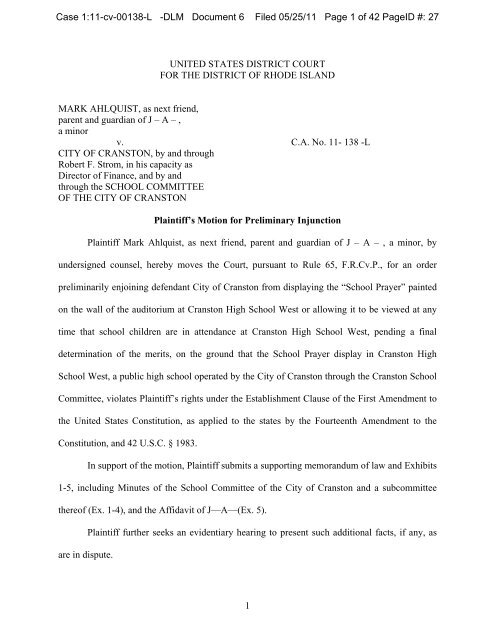 Motion for Preliminary Injunction - ACLU of Rhode Island