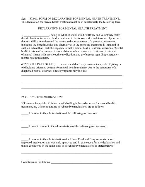 Texas Psychiatric Advance Directive form Texas Psychiatric Advance Directive form