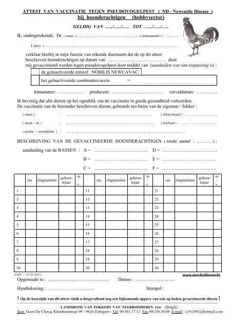 Attest vaccin NL - Belgische Landsbond van Neerhofdieren