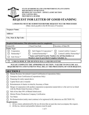 FOR LETTER OF GOOD STANDING Rhode Island FOR LETTER OF GOOD STANDING Rhode Island
