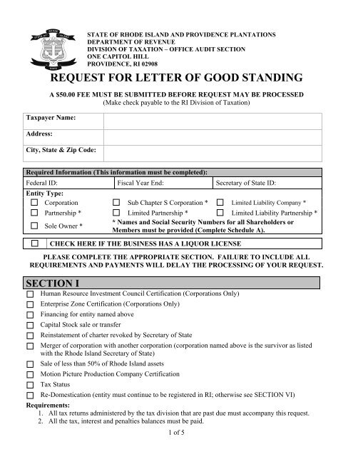 REQUEST FOR LETTER OF GOOD STANDING - Rhode Island ...