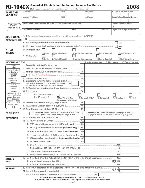 RI-1040X 2008 Amended Rhode Island Individual Income Tax Return