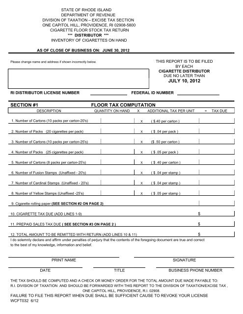 Distributor Floor Stock Form - Rhode Island Division of Taxation