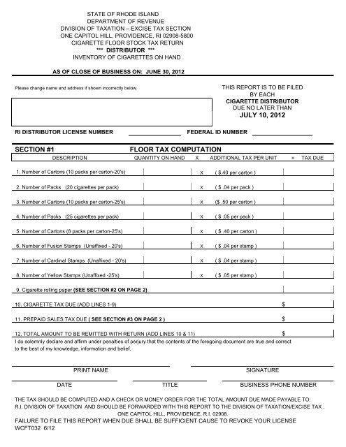 rhode island tobacco tax Distributor Floor Stock Form