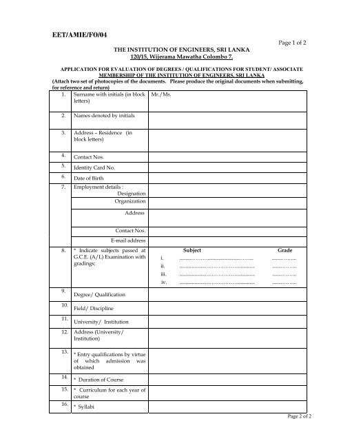 EET/AMIE/FO/04 - The Institution of Engineers Sri Lanka