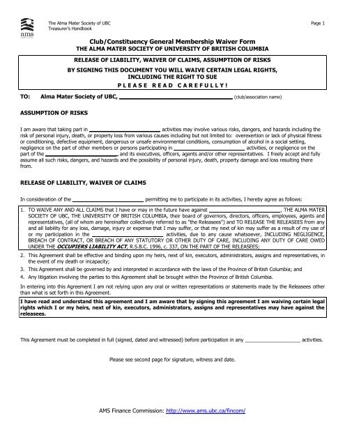 Release Of Liability Form Ca >> Waiver Membership Form Alma Mater Society Of Ubc Release Of Liability Form Ca >> Waiver Membership Form Alma Mater Society Of Ubc