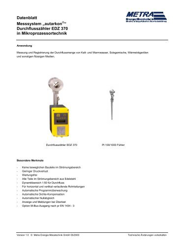 Datenblatt Messsystem âautarkon â DurchflusszÃ¤hler EDZ 370 in ...