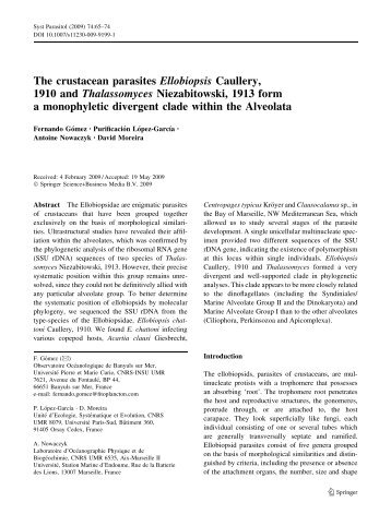 The crustacean parasites Ellobiopsis Caullery,1910 and Thalassomyces Niezabitowski, 1913 form a monophyletic divergent clade within the Alveo