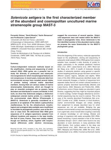 Solenicola setigera is the first characterized memberof the abundant and cosmopolitan uncultured marine stramenopile group MAST-3