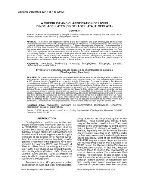 A CHECKLIST AND CLASSIFICATION OF LIVING DINOFLAGELLATES (DINOFLAGELLATA, ALVEOLATA)
