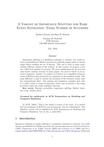 A Variant of Importance Splitting for Rare Event Estimation: Fixed ...