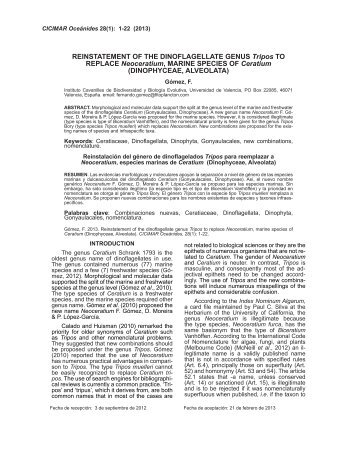 REINSTATEMENT OF THE DINOFLAGELLATE GENUS Tripos TO REPLACE Neoceratium, MARINE SPECIES OF Ceratium (DINOPHYCEAE, ALVEOLATA)
