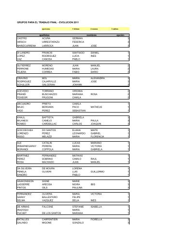 GRUPOS PARA EL TRABAJO FINAL - EVOLUCION 2011 opciÃ³n ...