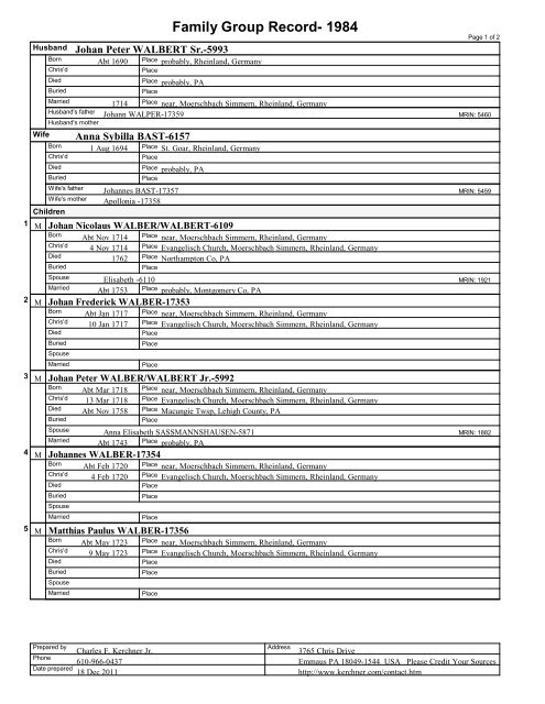 Family Group Sheet - Kerchner