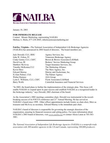 January 10, 2003 FOR IMMEDIATE RELEASE Contact ... - Nailba