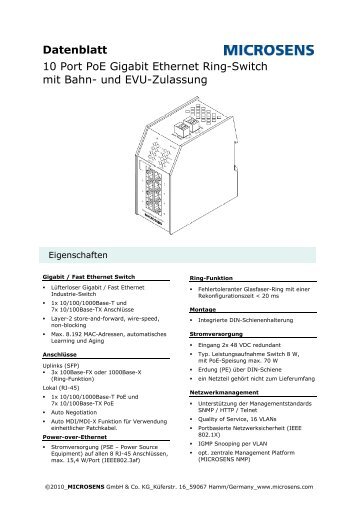 Datenblatt 10 Port PoE Gigabit Ethernet Ring-Switch mit Bahn- und ...