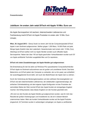 Jubiläum: Im ersten Jahr setzt DiTech mit Apple 10 Mio. Euro um