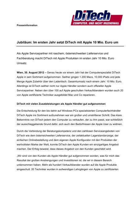 Jubiläum: Im ersten Jahr setzt DiTech mit Apple 10 Mio. Euro um