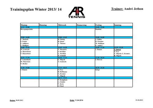 Trainingsplan Winter 2013/ 14 - A & R Tennis