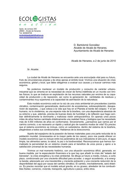 DÃa Mundial del Medio Ambiente, carta al alcalde de AlcalÃ¡