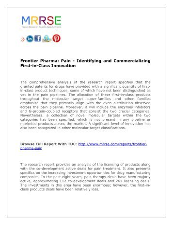 Latest Global Frontier Pharma: Pain - Identifying and Commercializing First-in-Class Innovation Industry Research Report