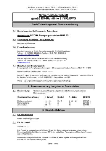 Sicherheitsdatenblatt gemäß EG-Richtlinie 91/155/EWG - Nivona