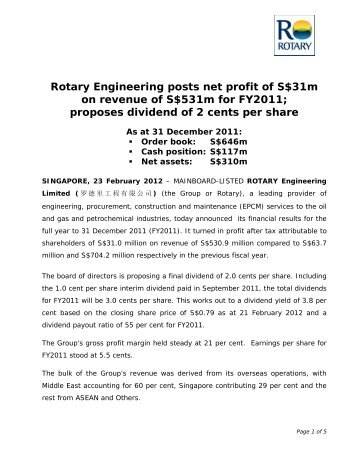 Rotary Engineering posts net profit of S$31m on ... - Investor Relations