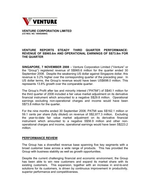 Press Release Venture Corporation Limited