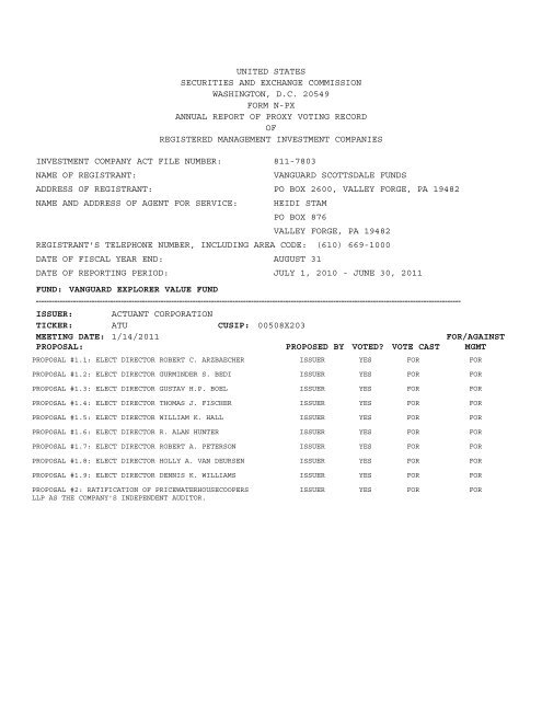 Proxy Voting Results - VANGUARD EXPLORER VALUE FUND