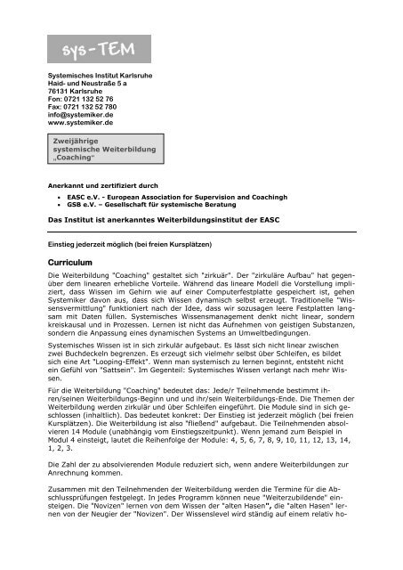Curriculum - Systemisches Institut - Dieter Salomon