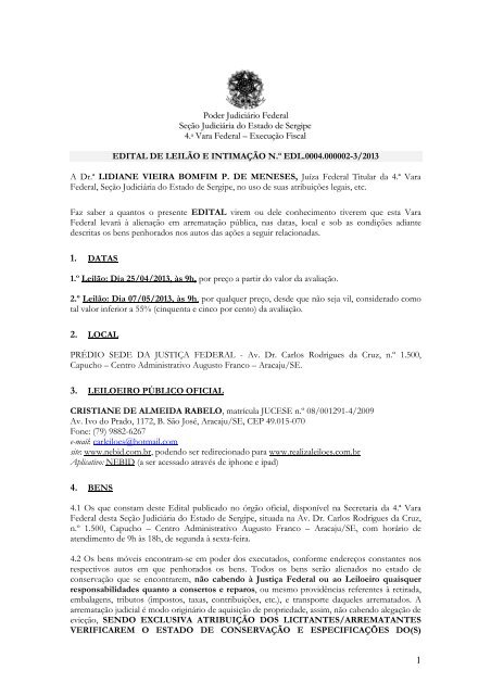 Edital da ExecuÃ§Ã£o Fiscal de 25 de Abril de 2013 NOVO - JFSE