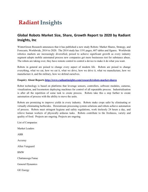 Latest Report - Global Robots Market Size, Growth Trends, 2020: Radiant Insights, Inc