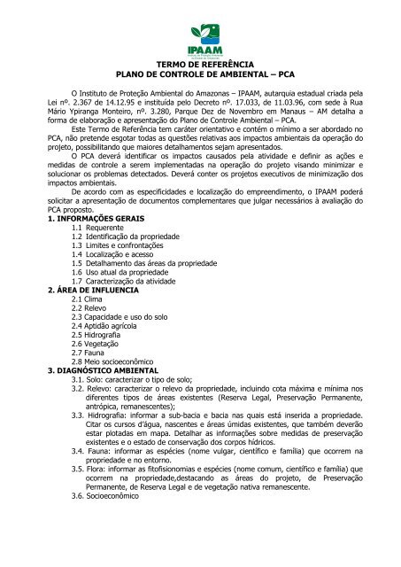 PLANO DE CONTROLE DE AMBIENTAL - PCA - Ipaam