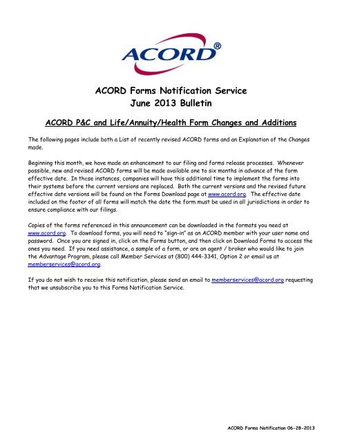 ACORD Forms Notification Service June 2013 Bulletin