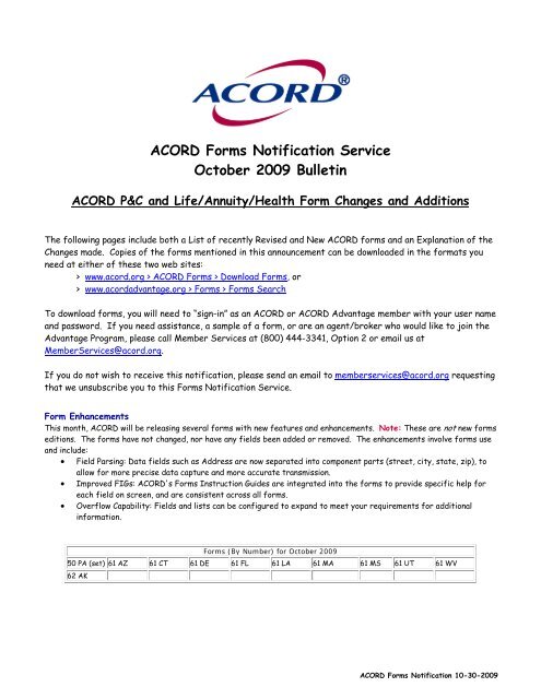 ACORD Forms Notifications: Oct 2009