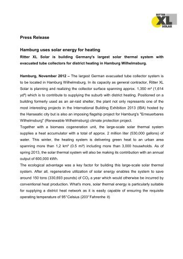 Press Release Hamburg uses solar energy for heating - Ritter Gruppe