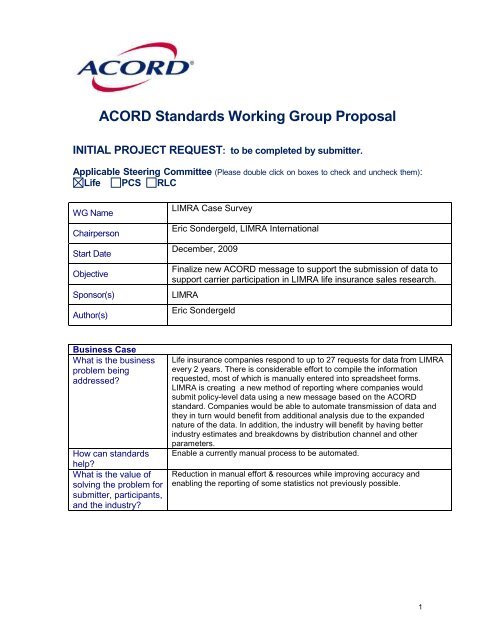 ACORD Standards Working Group Proposal