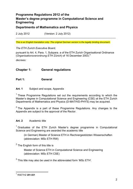 Programme Regulations 2012 of the Master's degree ... - ETH ZÃ¼rich