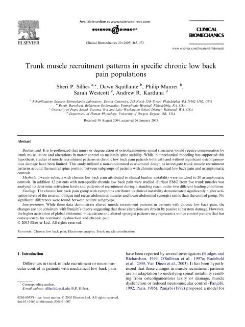 Trunk muscle recruitment patterns in specific chronic low back pain ...